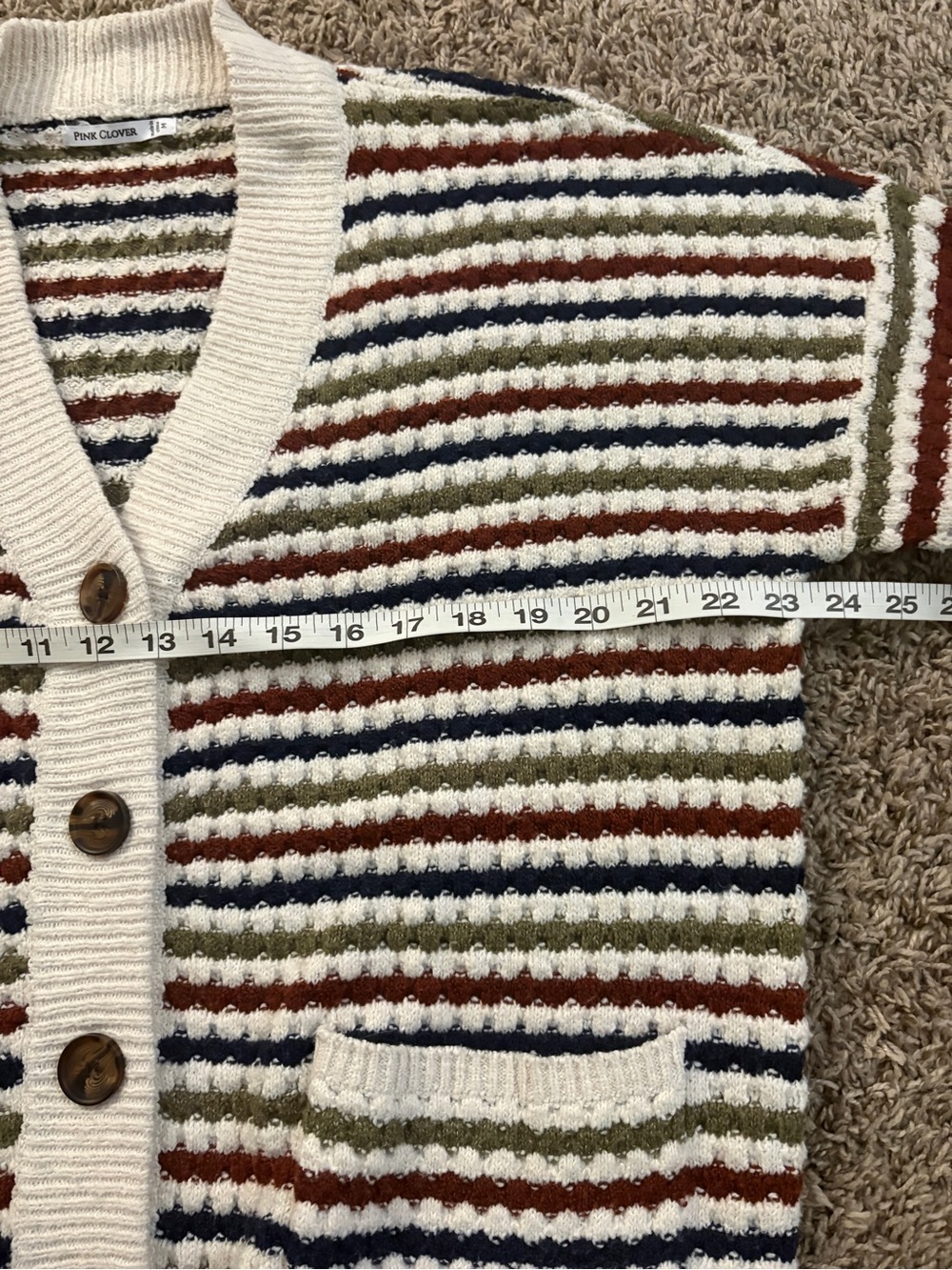 Pink Clover Cream Striped Button-Front Cardigan with Navy, Olive & Rust - Picture 4 of 10